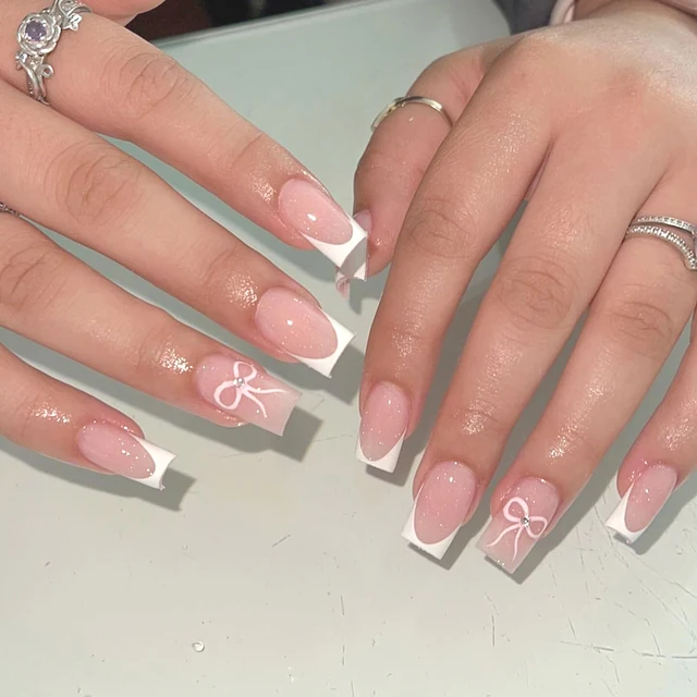 White French Press on Nails 3D Bowknot Fake Nails Tips Full Cover Wearable False Nails for Women and Girls DIY Manicure 24Pcs 3