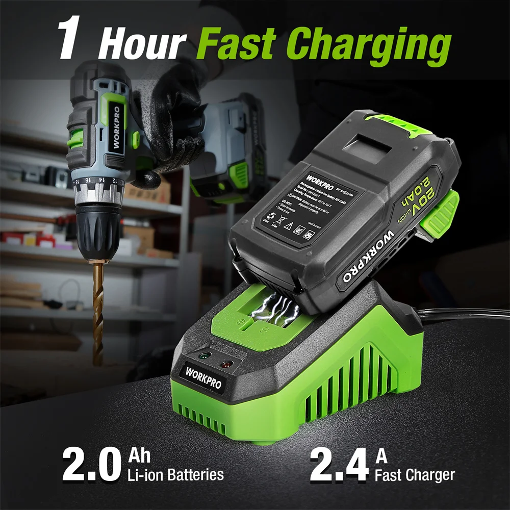 WORKPRO 20V 무선 드릴 콤보 키트, 드릴 드라이버 및 임팩트 드라이버, 2x 2.0Ah 배터리 및 1 시간 고속 충전기 포함