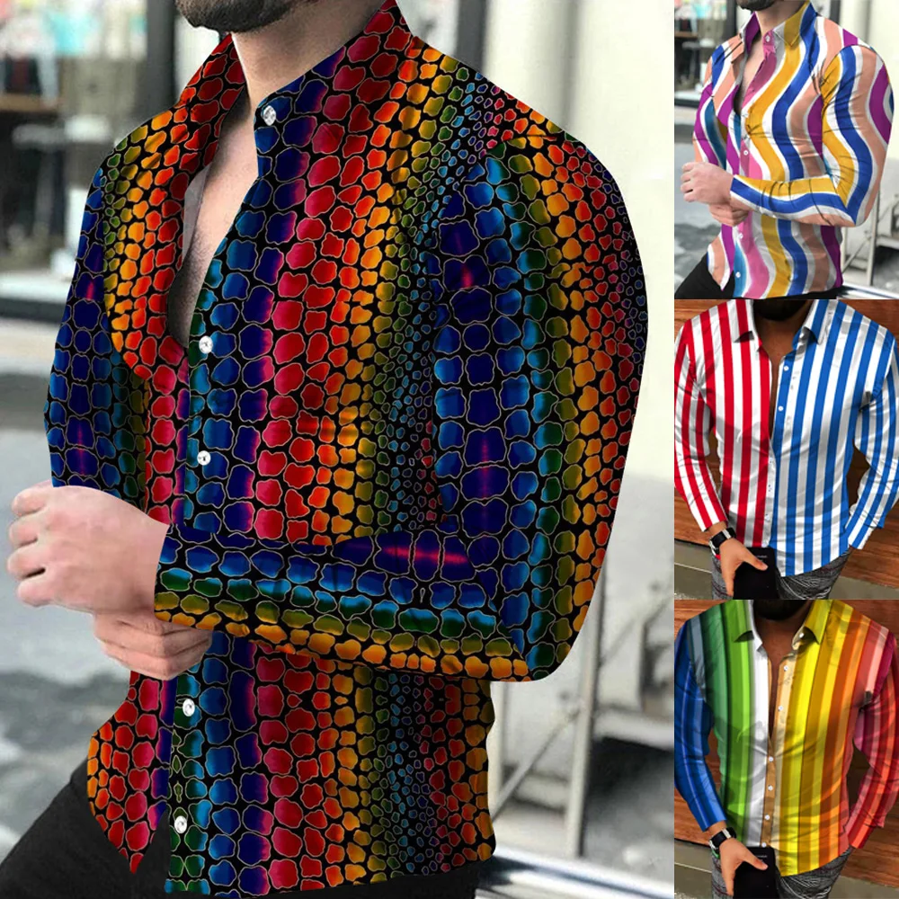 

Men's Printed Stripe Shirts And Blouse Button Lapel Collar Casual Slim T-Shirt Long Sleeve Party Club Tops Clothing