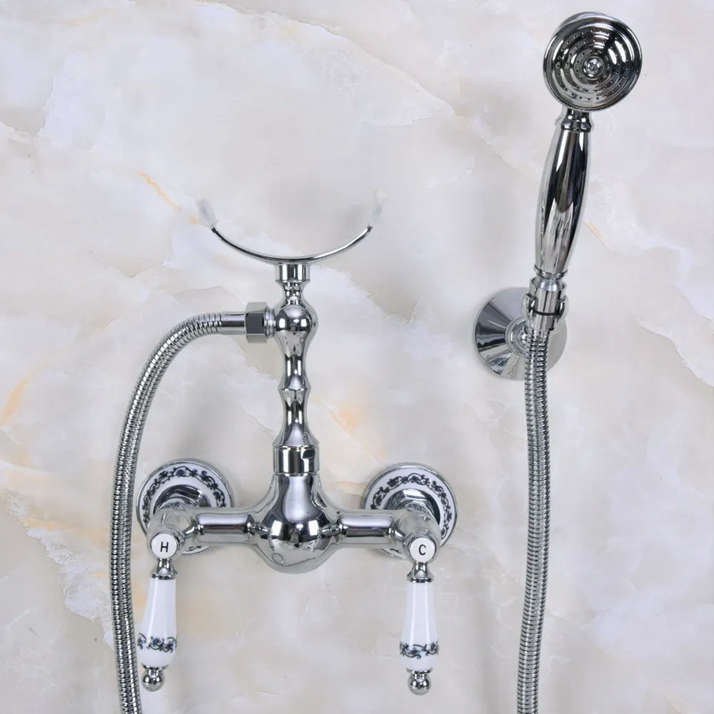 

Polished Chrome Brass Wall Mount Bathtub Faucet with Handheld Shower Set +1.5M Hose Mixer Tap 2na263