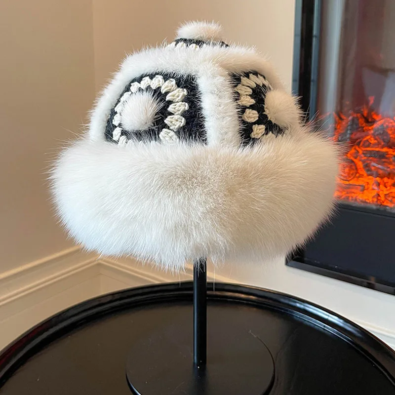 

Women Winter Real Mink Fur Pom pom hat Fashion Genuine Fox Fur Stripe Luxury Warm Snow Fluffy Fox Oversized Fur Bucket Hat