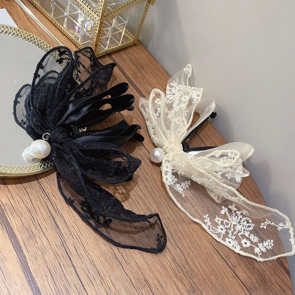 

Temperament Girls Solid Mesh Women Pearl Vertical Clip Banana Clip Ponytail Holder Bow Hairpin