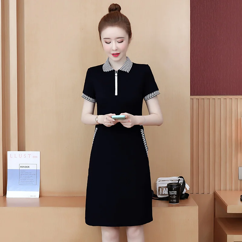 6403 격자 무늬 폴로 넥 짧은 드레스 여성용 반팔 사무실 미니 드레스, 슬림 지퍼, 우아한 포켓, 블랙, 블루, 여름 티셔츠 드레스