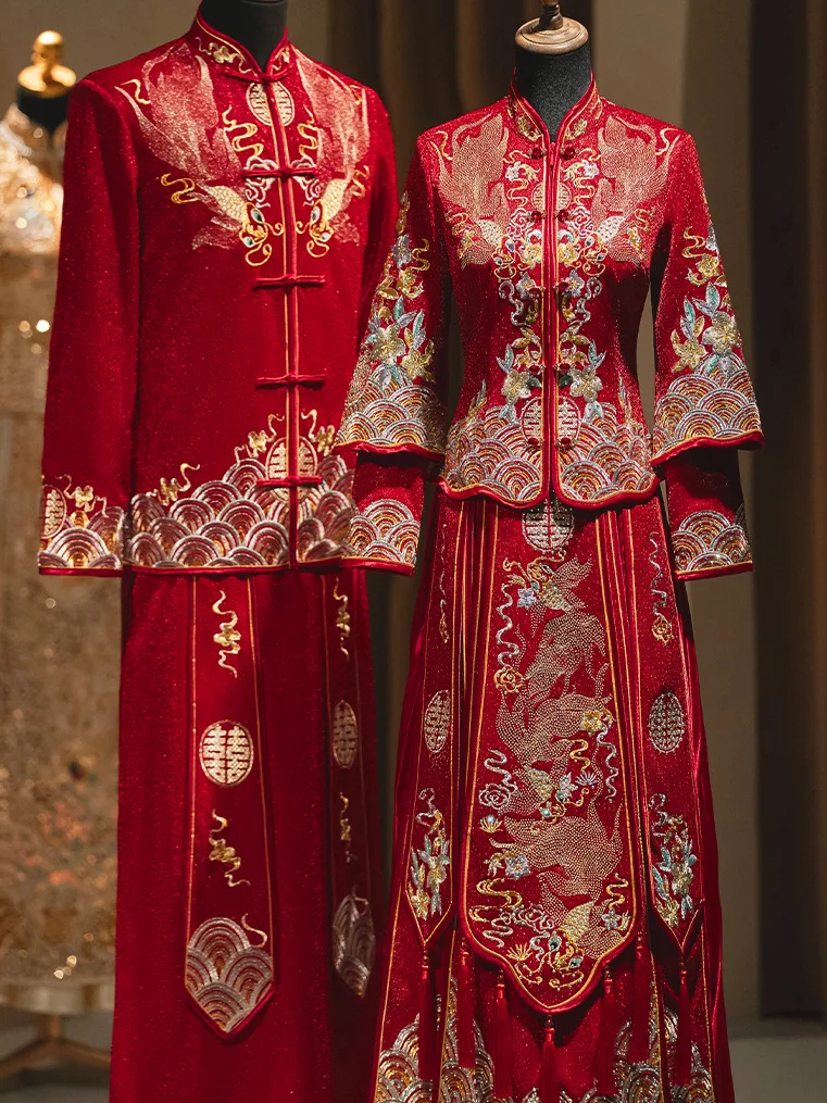 

Retro Wedding Dress Chinese Style Couple Cheongsam Modern Bride Embroidery Toast Clothing