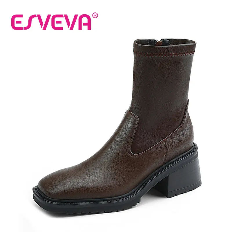 

ESVEVA 2023 Square Toe Fashion Cow Leather Zipper Ankle Boots Simple And Fashion Style All Match Neutral Punk Shoes Size 34-39