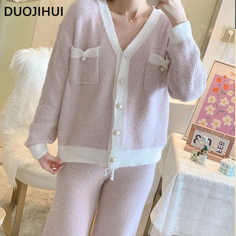 DUOJIHUI Two Piece Spell Color Casual Pajamas for Women Sexy V-neck Cardigan Basic Simple Pant Loose Fashion Female Pajamas Set