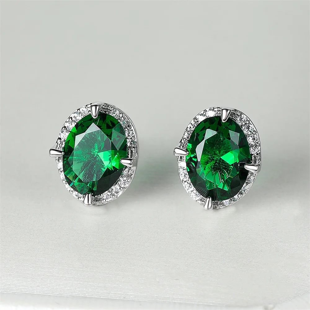 Trendy Green Crystal Oval Stone Small Stud Earrings For Women Vintage Silver Color Wedding Earring Birthstone Jewelry Girls Gift