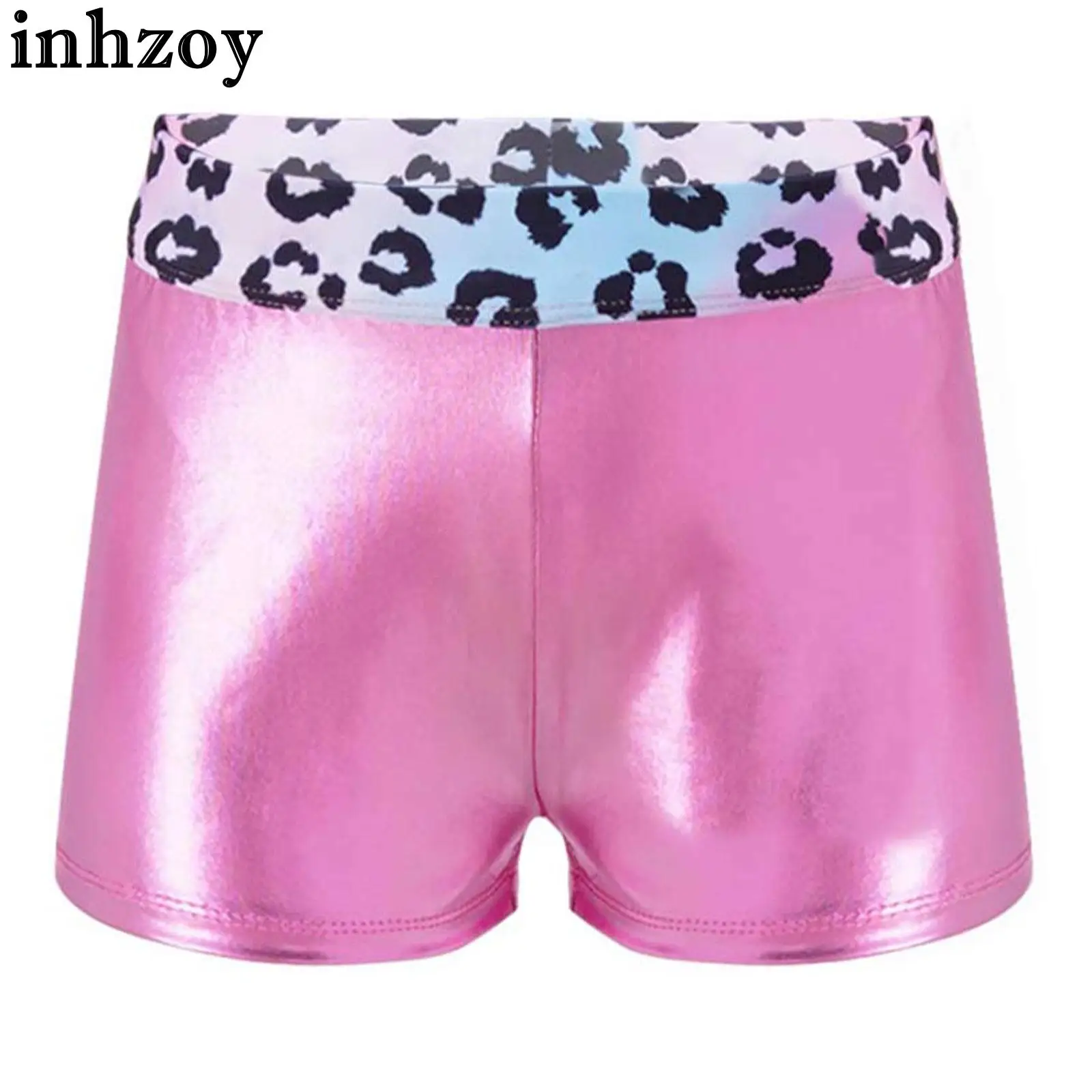 

Kids Girls Gymnastics Dance Shorts Shiny Metallic Patchwork Printed Waist Shorts Yoga Sports Booty Shorts Gym Workout Outfit