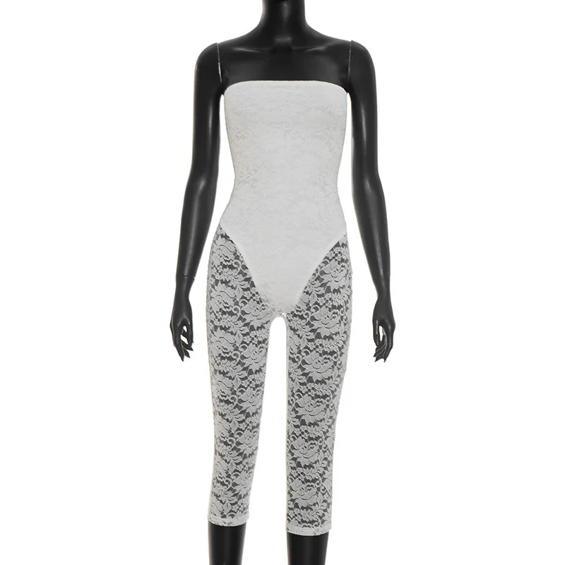 Sexy Spitzen-Overall mit Durchsichtigen Patchwork-Elementen für Damen, Schulterfreier Einteiler für Ausgeh-Looks, Streetwear-Overall, Capri-Catsuit – Detail 9