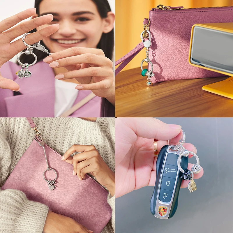 Charm Jewelry-925 Silver Key Ring Small Bag Charm Holder Suitable for Original Brand Charms Beads for Women