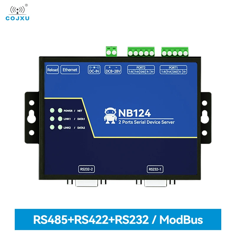 2-Channel Serial Server RS232/422/485 RJ45 Modbus Gateway XHCIOT NB124S TCP/UDP/MQTT DC 8-28V AT Command Build-in Watchdog