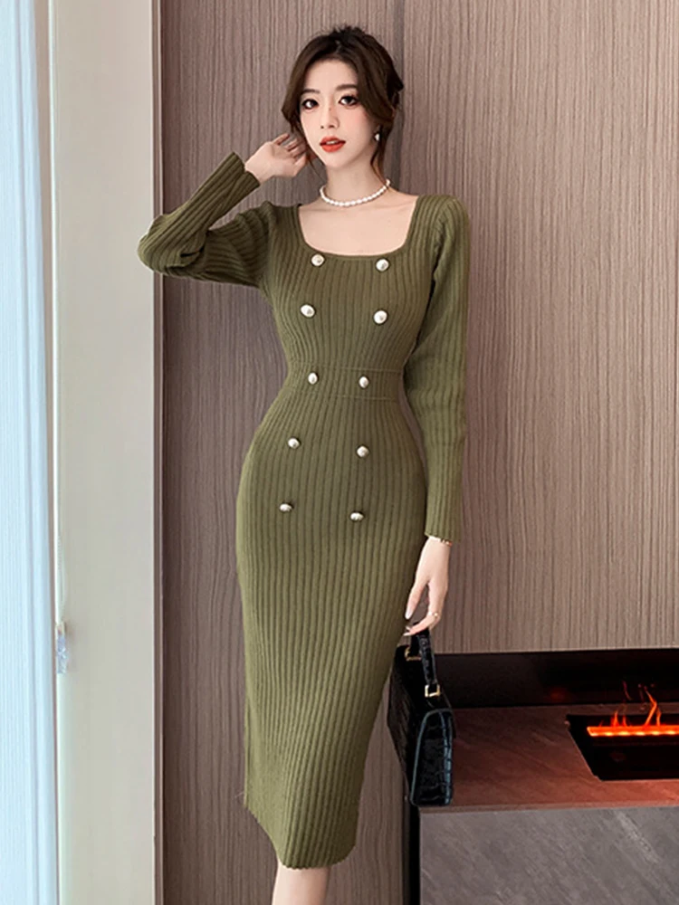 

Fashion Autumn Winter Knitted Long Stretchy Dresses Women Clothing Ladies Sweater Long Sleeve Bodycon Dress Mujer Robe Vestidos
