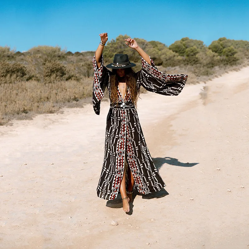 

Black Retro Geometry Print Bikini Cover-ups V Neck Sexy Cross Open Long Sleeve Summer Dress Women Beach Wear Swim Suit Cover Up