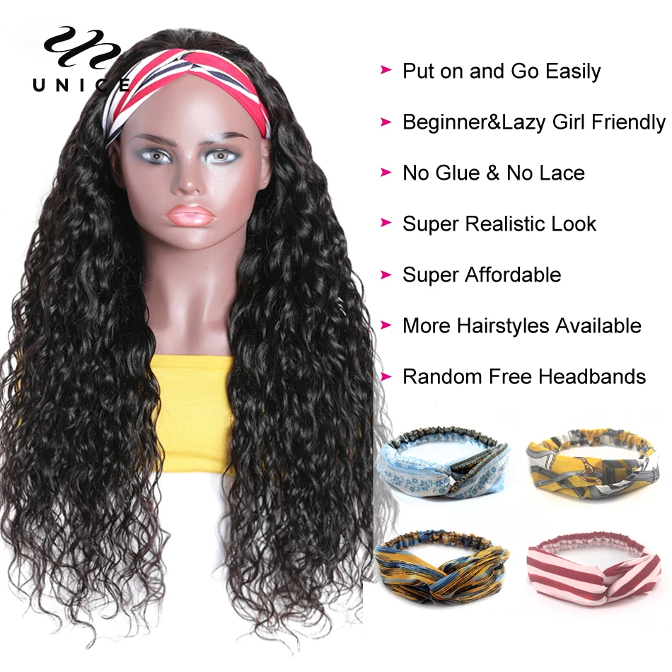 human hair wigs UNice Hair Water Wave Headband 100% Ready To Wear Beginner Friendly Glueless Free Headband Scarf