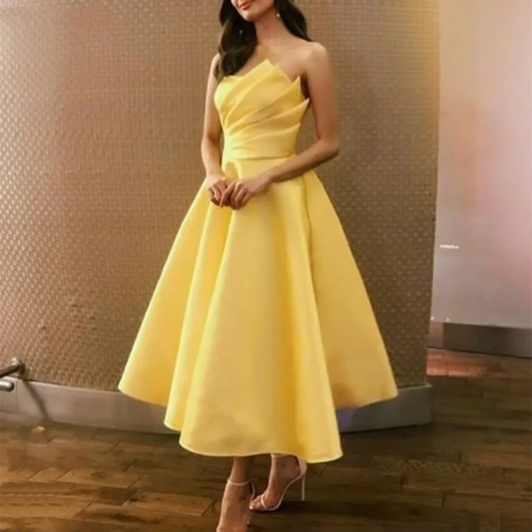 

Elegant Yellow Short Strapless Prom Dresses 2024 A Line Tea Length Pleats Satin Party Evening Gowns Robe De Soirée فساتين السهرة