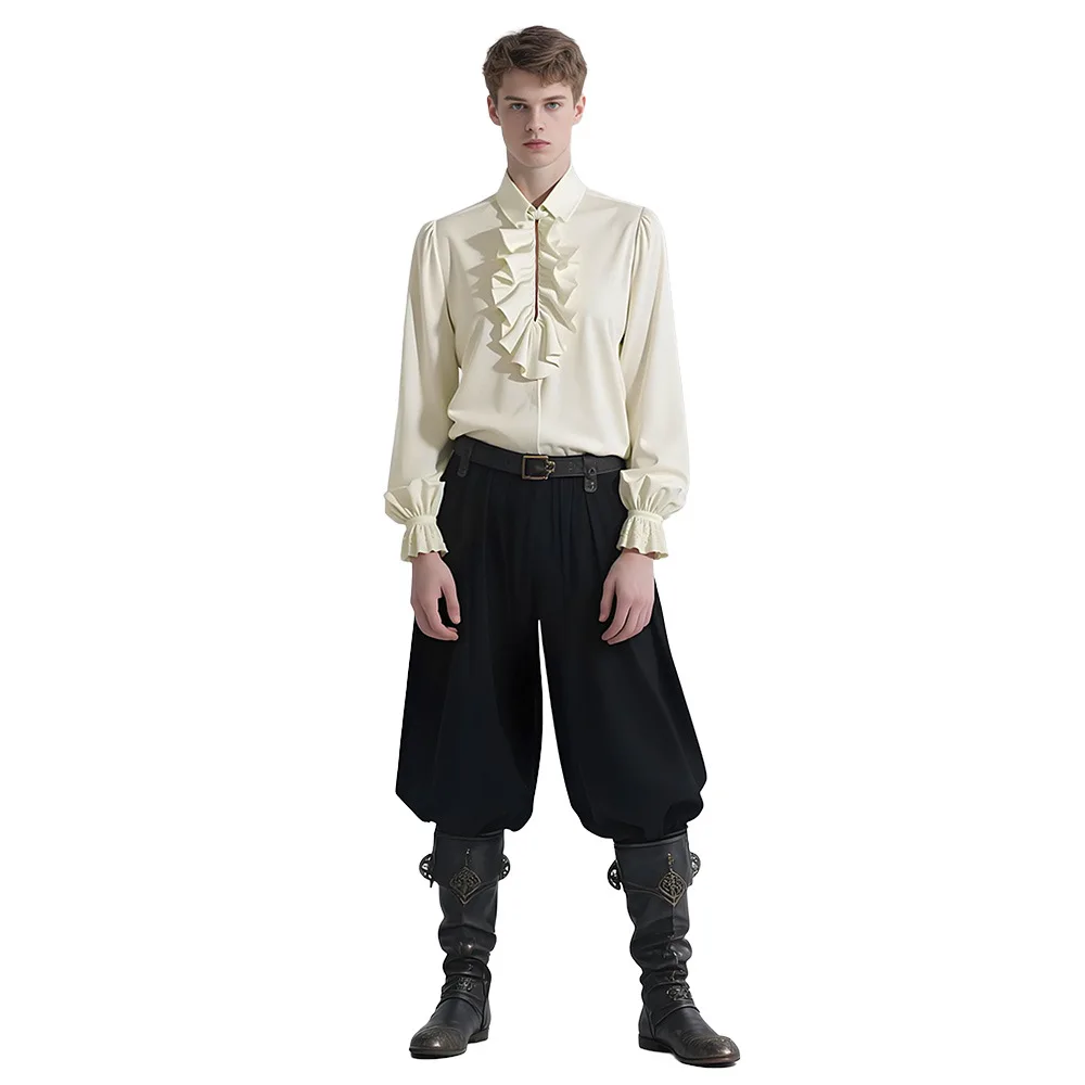 BaronHong Piratenshirt voor heren Viking Steampunk Retro Renaissance Middeleeuws Gothic Victoriaans Halloween-kostuum (zwart, L