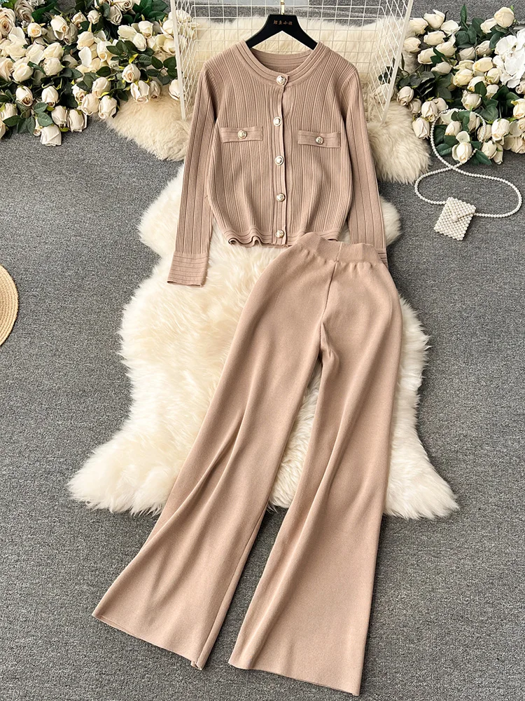 

Croysier Golden Single Breasted Cardigan Sweater And Wide Leg Trousers Two Piece Set For Women Casual Knit Matching Set Outfit
