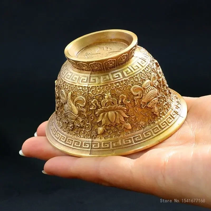 Pure Copper Antique Water Cup for Buddha, Auspicious Patterns, Holy Water Cup, Buddhist Supplies, Water Bowl Ornaments 1Pc