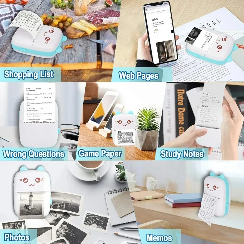 휴대용 미니 열전사 프린터, 고양이 모양, 무선 BT 200dpi, 사진 라벨 메모, 잘못된 질문 인쇄 태그 케이블