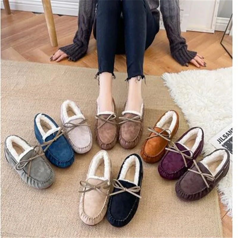 

2023 Winter Bow-Knot Loafers Women Flock Fluffy House Shoes Slip On Casual Soft Bottom Driving Sneakers Faux Suede Moccasin