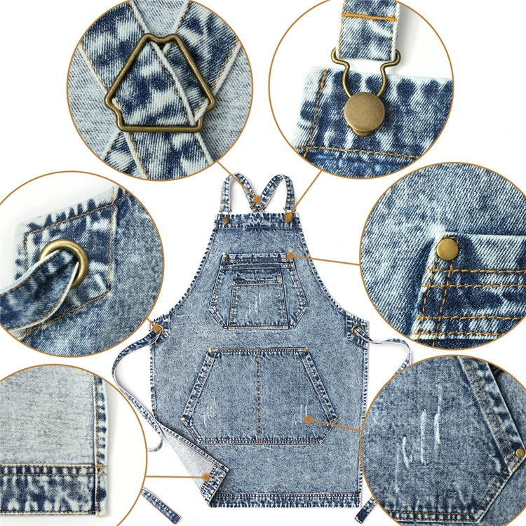 Verdickte, verschleißfeste, gewaschene Denim-Schürze mit großer Tasche für Damen und Herren, modische Schürze für Küche, Arbeit, Friseur, Café – Detail 2