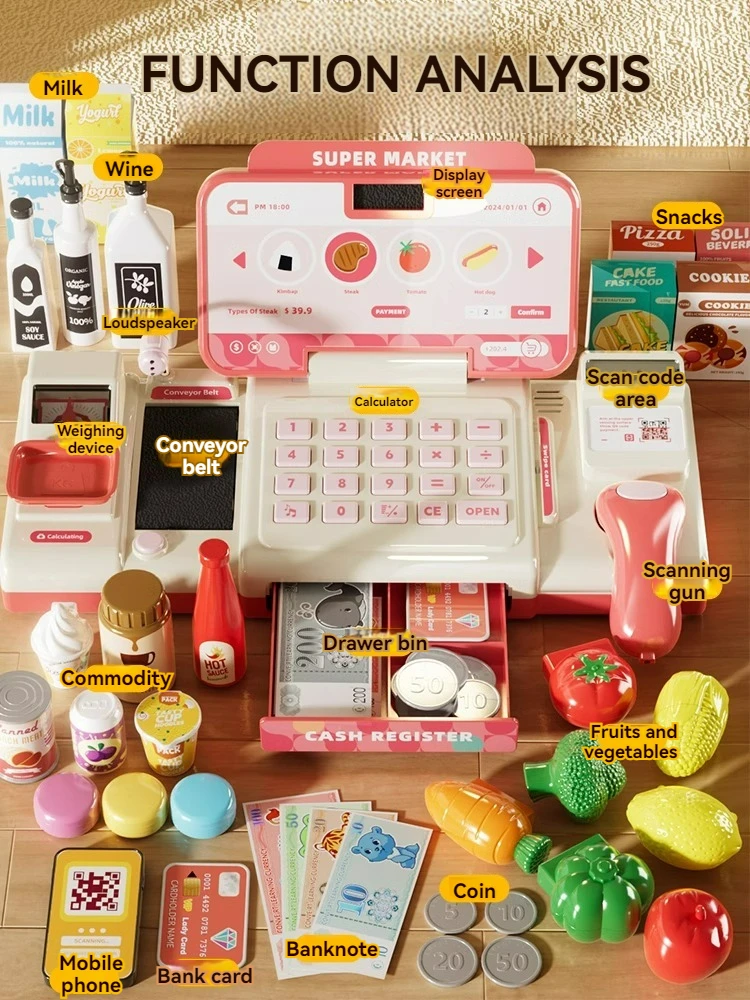 Cash Register Toys for Kids Supermarket Shopping Pretend Play Intelligent Recognition Scanner Microphone Credit Card supermarket cashier toys cash register playset