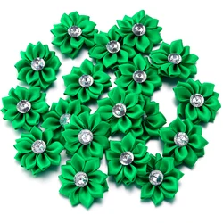 Elegant Handmade Satin Ribbon Flowers with Rhinestone Accents - Set of 20 Decorative Pieces for Clothing and Crafting (Green)