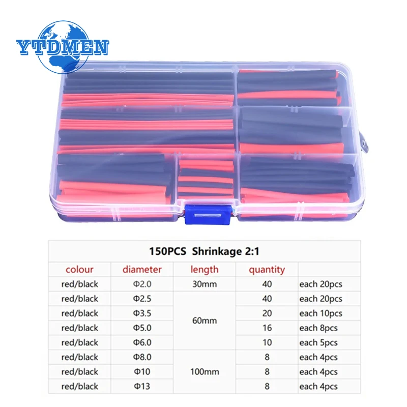 Insulation Heat Shrink Tube 150pcs Shrink Wrapping for Cables Thermoresistant 2:1 Shrinking Tubing Kit