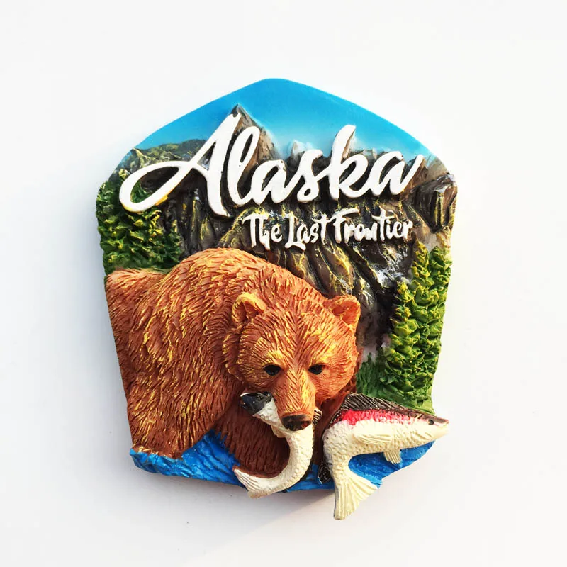 

Fridge Magnet Cultural Landscape Alaska Fishing Bear Decoration Message Stickers Tourist Souvenir Resin Crafts