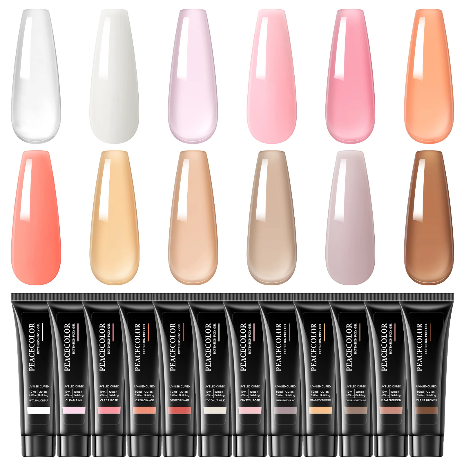 PEACECOLOR 12PCS Poly Extension Gel Set for Extension Nail Tips Semi-Permanent Nail Gel Extension Nail Manicure Kits 3