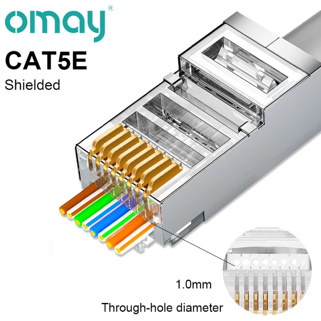 OMAY CAT6/7 CAT5 Pass Through RJ45 Modular Plug Network Connectors UTP 3/50μ Gold-Plated 8P8C Crimp End for Ethernet Cable CAT5E shielded