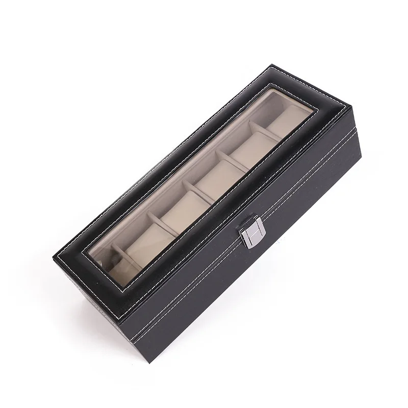 6 Slot PU Leather Watch Box Display Case Jewelry Organizer with Glass Top watch storage box