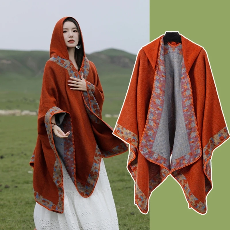 Women Hooded Poncho Cape Ethnic Floral Oversized Sweater Cloak Shawl Wraps Open Front Cardigan Coat Blanket for Travel