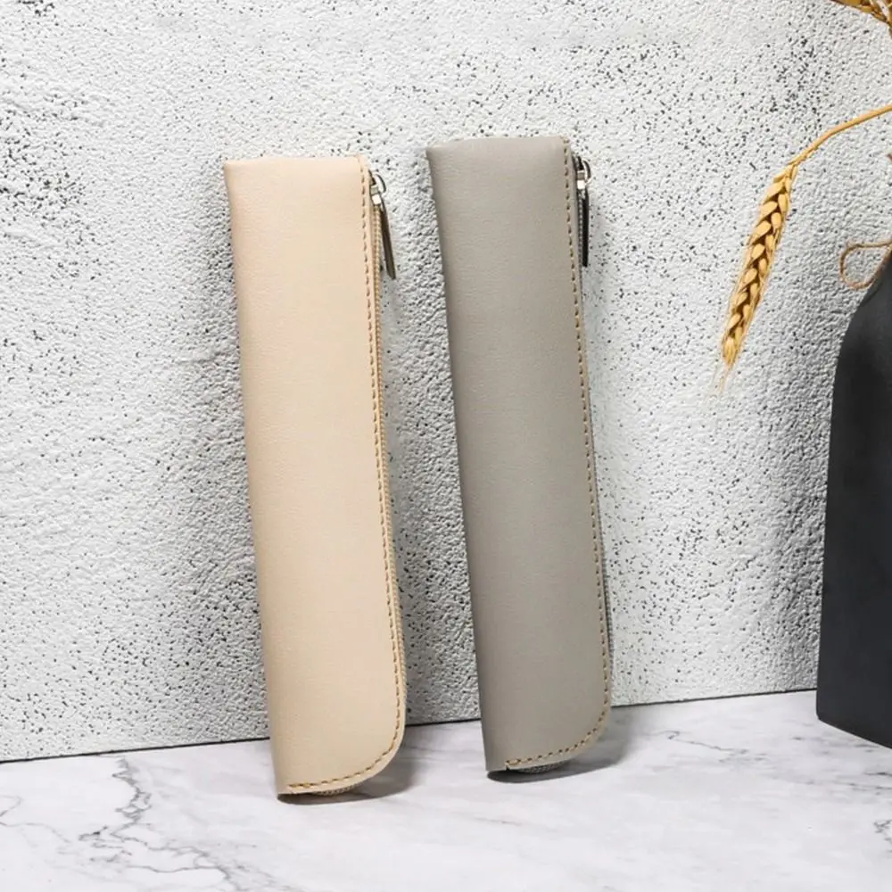 PU Leather Pen Pouch Solid Color PU Pencil Bags Large Capacity Pen Bags Holder Zipper Pencil Case Lightweight Office Supply
