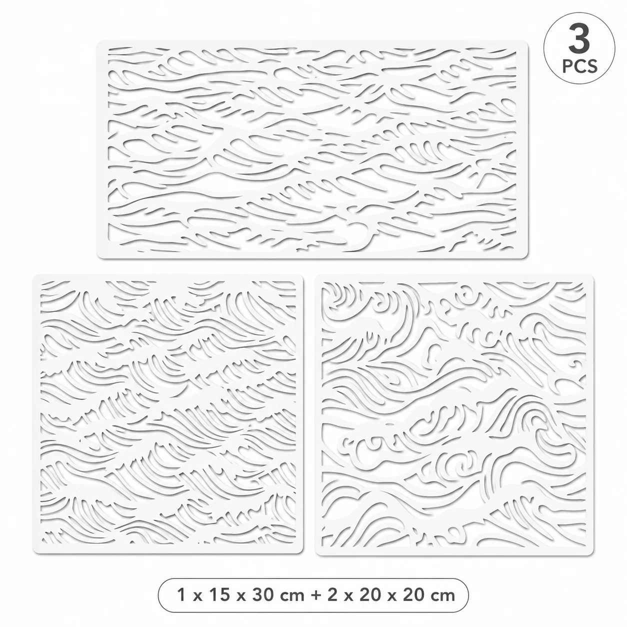 3개의 웨이브 스텐실 세트(5.9 x 11.8인치 및 7.9 x 7.9인치) 재사용 가능한 DIY 벽, 나무, 패브릭 장 페인팅 템플릿