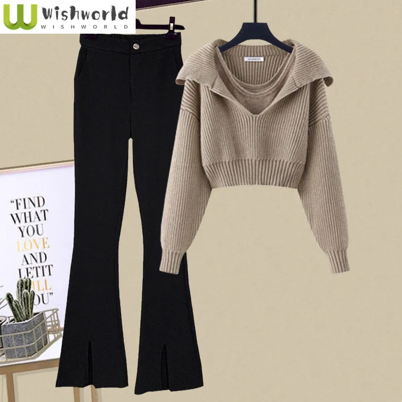Autumn and Winter Fashion Set Women's 2023 New Korean Knitted Sweater Casual Strap Micro Ra Casual Pants Three Piece Set
