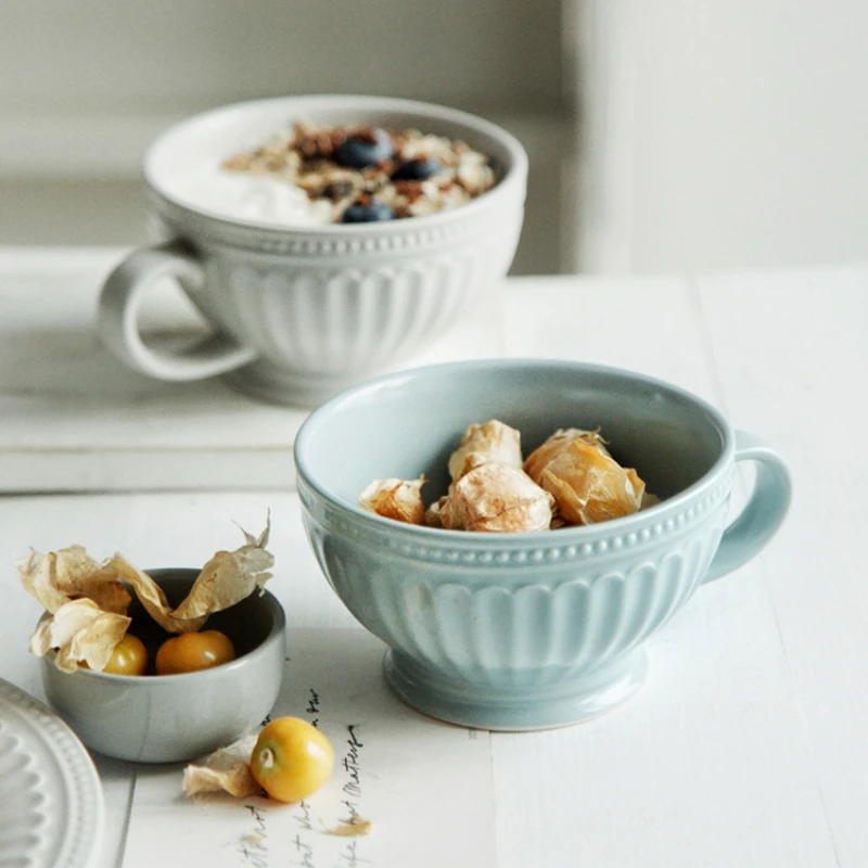 

Nordic large-capacity embossed breakfast cup retro plate breakfast dessert cup handle bowl