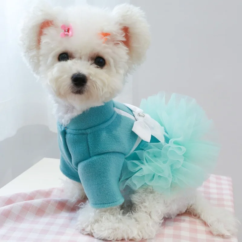

Dog Dresses Dog Clothes for Small Dogs The New Autumn and Winter Keep Warm Solid Color Thick Bowknot