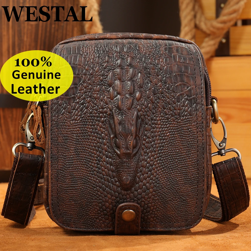 WESTAL Men's Leather Shoulder Bag Male Mini Croco Designer Leather Bag Man  Purse Small Mens Crossbody Bags for Gift Phone 6030