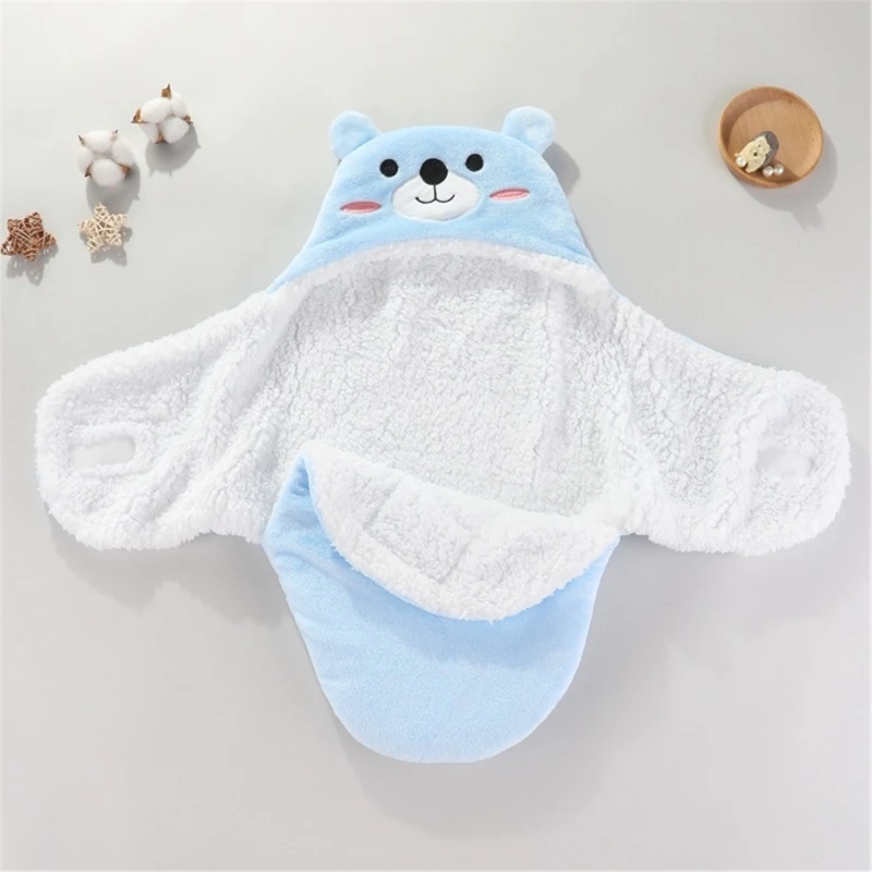 Soft Flannel Winter Warm Baby Swaddle Blanket Thicken Plush Lining Hooded Blanket for 0-6 Months Newborn Envelope Cocoon Blanket 3