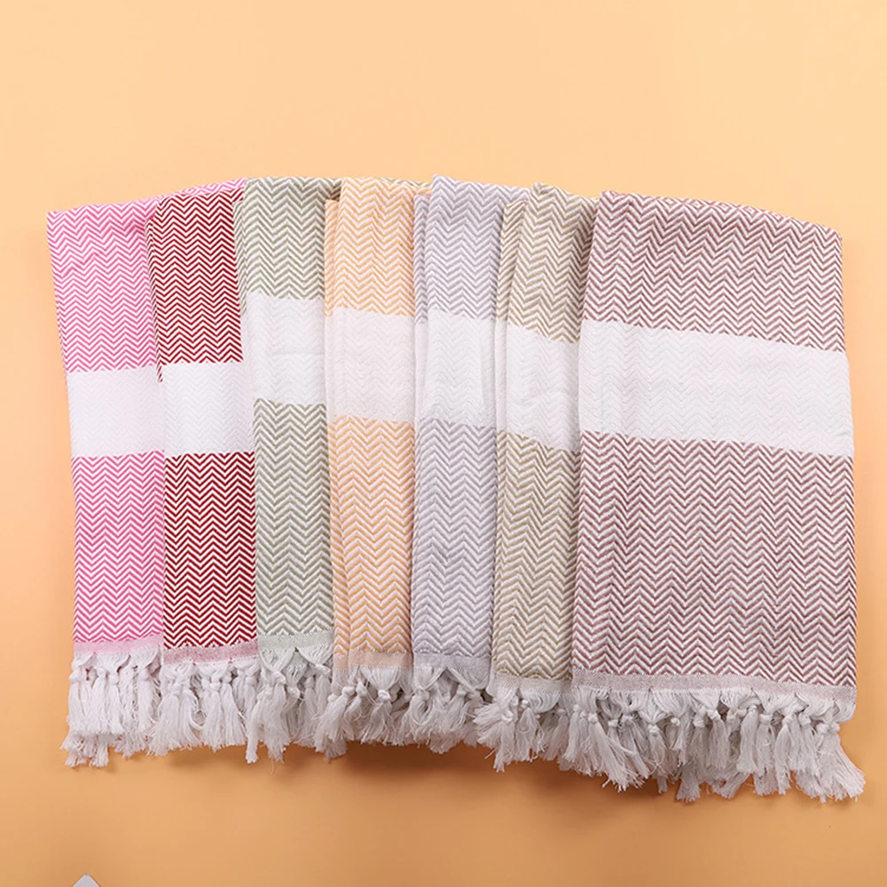 

New Soft Cotton Towel Yarn-Dyed Jacquard Comfortable Turkish Fringe Wavy Knitted Beach Towel Holiday Bath Towels 100X180Cm