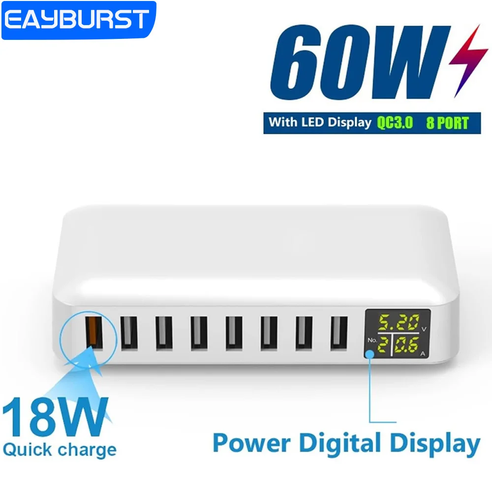 

60W Multi USB Charging Station QC3.0 Fast Charger with LED Display 8-Port USB Charger for Cell Phone Tablet etc. USB Adapter