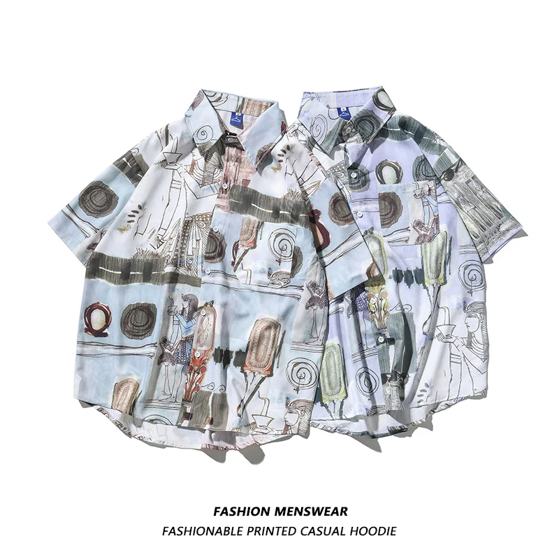 

Oversize American 2023 Summer Fried Street Egyptian Myth Printing New Personality Casual Shirt for Men Women Couples