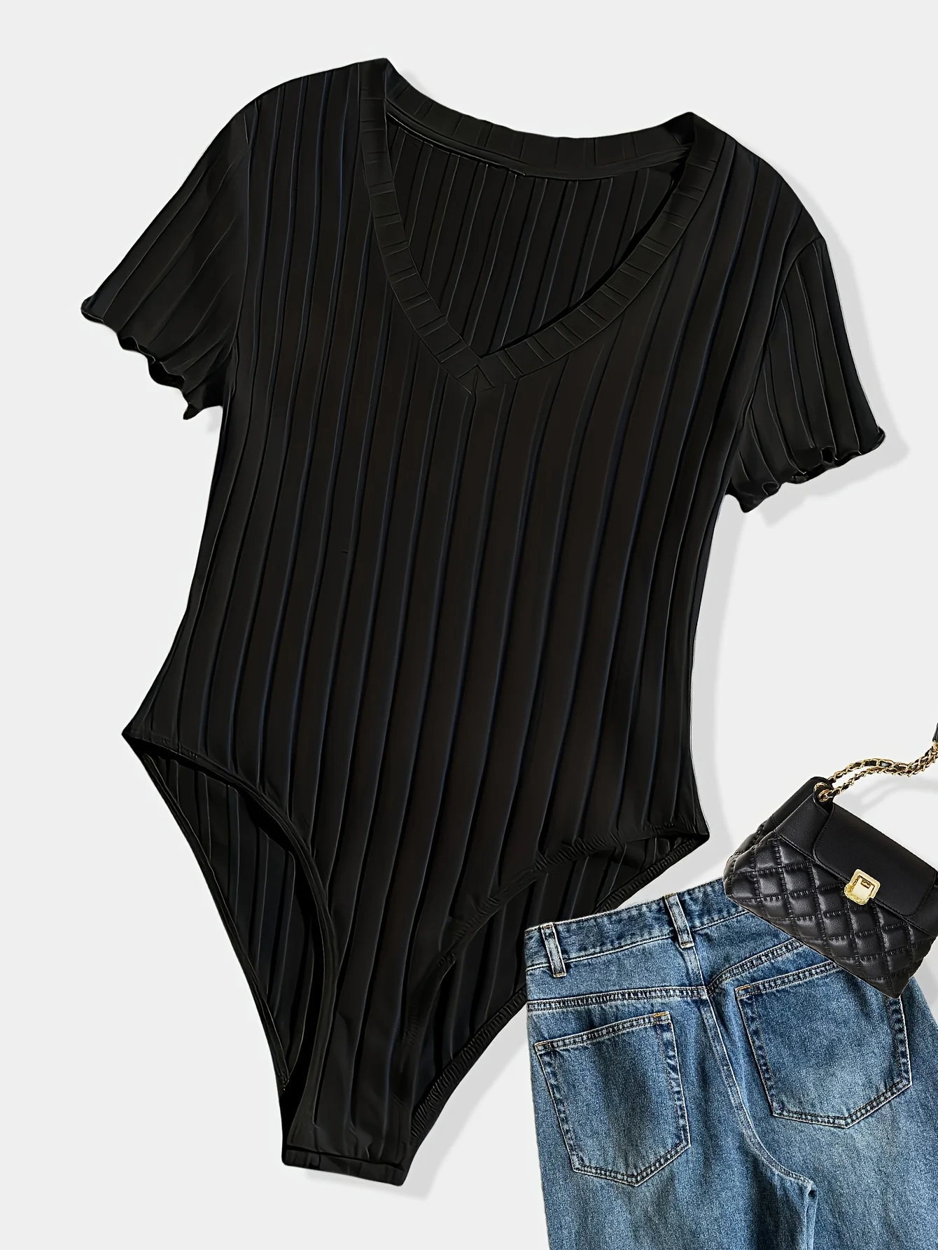 Neues kurzärmeliges, schmales T-Shirt mit V-Ausschnitt, sexy und vielseitiger, eng anliegender Jumpsuit.