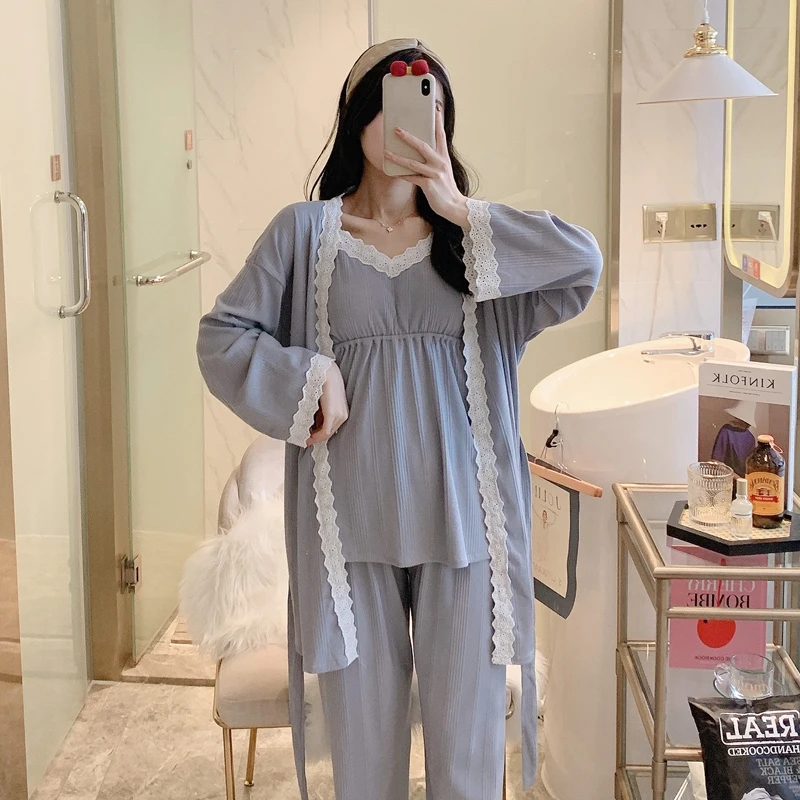 

3pcs/set Pregnancy Pajamas Cotton Patchwork Lace Maternity Nursing Sleepwear Sets Pregnant Woman Breastfeeding Nightgown Suits