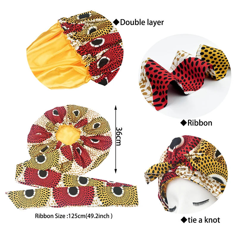 New African Ankara Pattern Satin Linned Bonnet Women Long Ribbon Headwrap Double Layer Headscarf Big Size Adult Hair Cover 6
