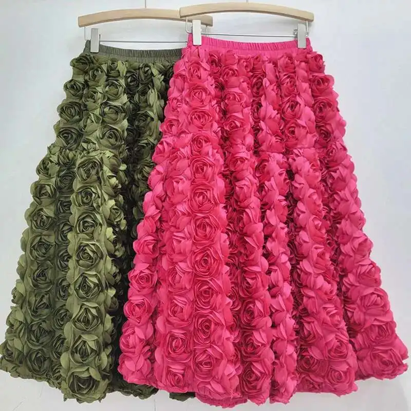 DEAT 2024 Autumn New Versatile Three Dimensional Flower Mid-calf Skirt High Waist Big Swing Fashion A-line Skirts Female 33A2033