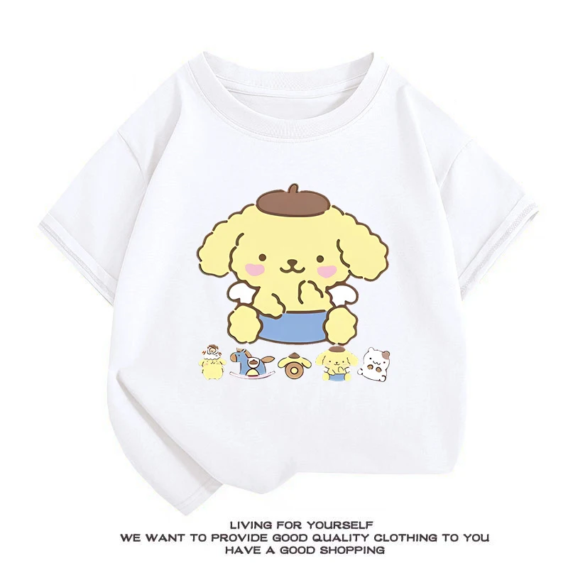 Summer New Kids Sanrio Cartoon Print T-shirt Pompompurin Children's Short sleeved Top O-Neck 100Cotton Boys And Girls Tee shirts 5