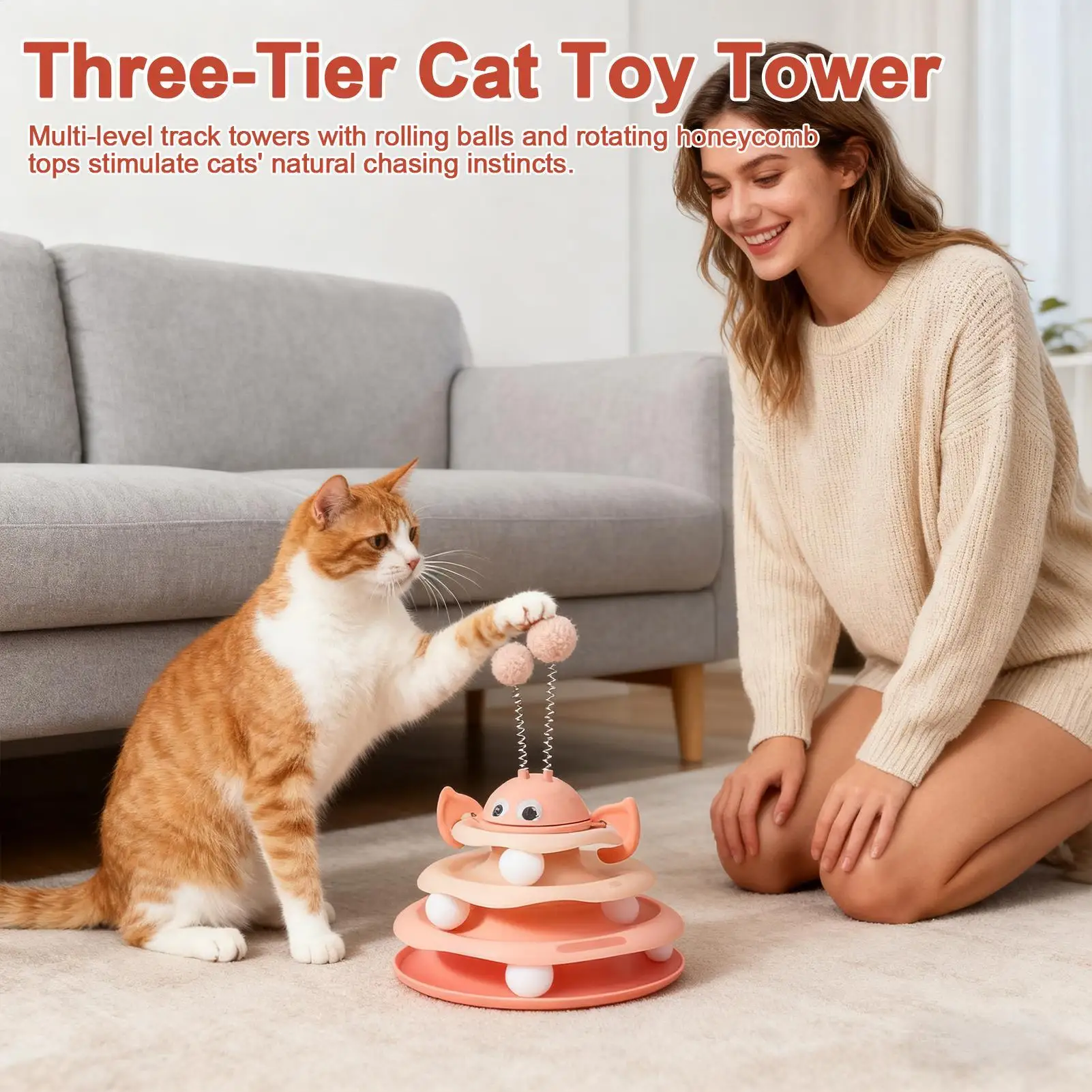 Interactive Toys For Cats 3-Level Teaser Cute Fun Indoor Cat Toys Interactive Games For Kitten Enrichment Stimulation Exercise