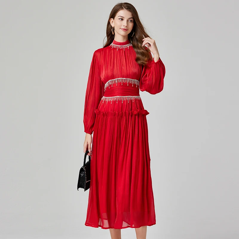 

Women's Luxury Beading Tassel Maxi Party Dresses Long Sleeve Elegant Stand Neck Ruffles Patchwork Dress Spring Autumn Runway